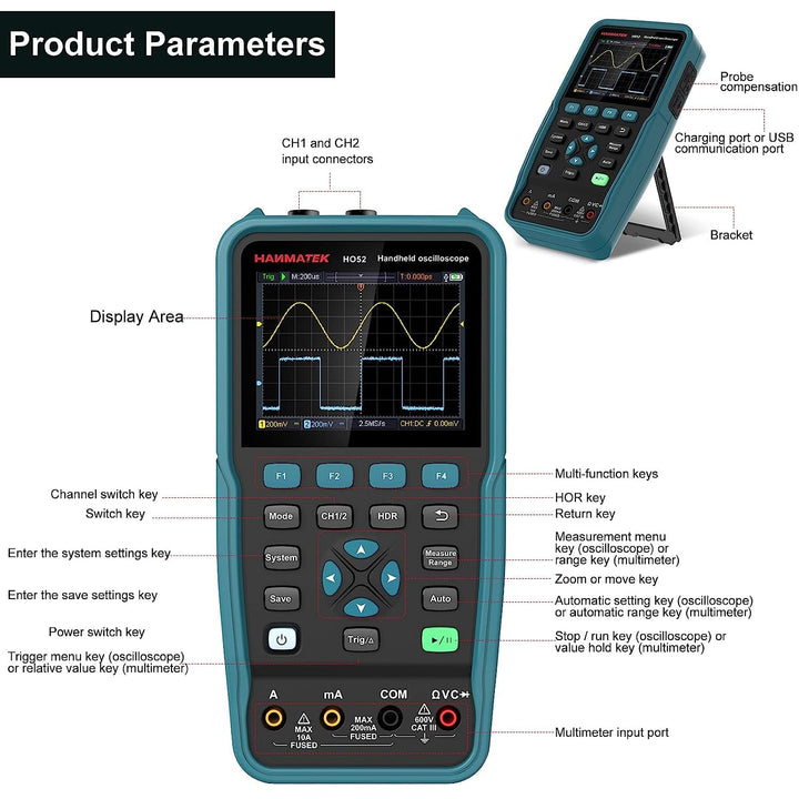 Digitales Oszilloskop,HANMATEK Handheld-Digitaloszilloskop HO52 50Mhz Bandbreite, 2 Kanal 2 in 1 Osz