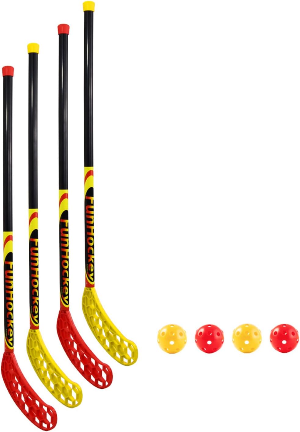 Bandito FunHockey Komplettset, für Kinder, 4 Hockey Schläger, 4 Bälle und 2 Faltbare Pop Up Tore, Fl
