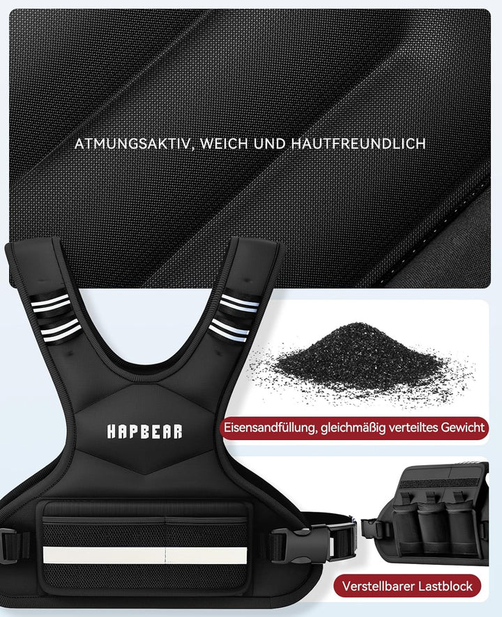 HAPBEAR Verstellbare Gewichtsweste Für Herren &amp; Frauen – Weighted Vest 1,8–4,5 KG Mit 6 Eisensand-Ge
