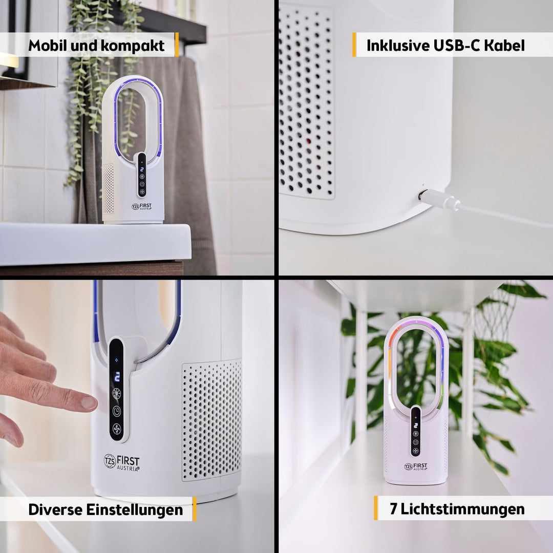 TZS First Austria Tischventilator mit Akku 2500mAh | USB Aufladekabel 5V | Leiser Ventilator mit Dis