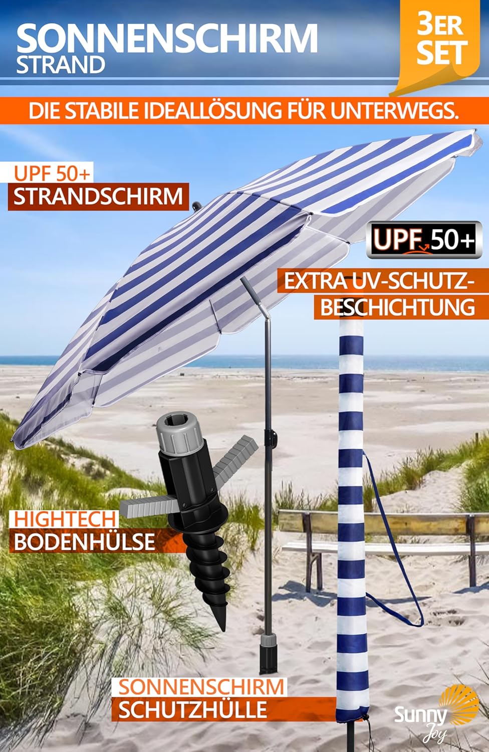 4smile Sonnenschirm Strand SunnyJoy Ø 180 cm, 3er Set - Strandschirm mit UV Schutz 50+, inkl. Sonnen