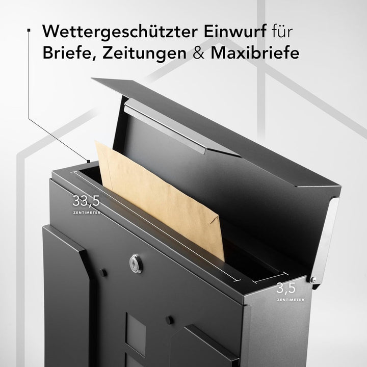 Moderner Briefkasten Personalisierbar Madrid Anthrazit RAL7016 - mit Zeitungsfach - Wandbriefkasten