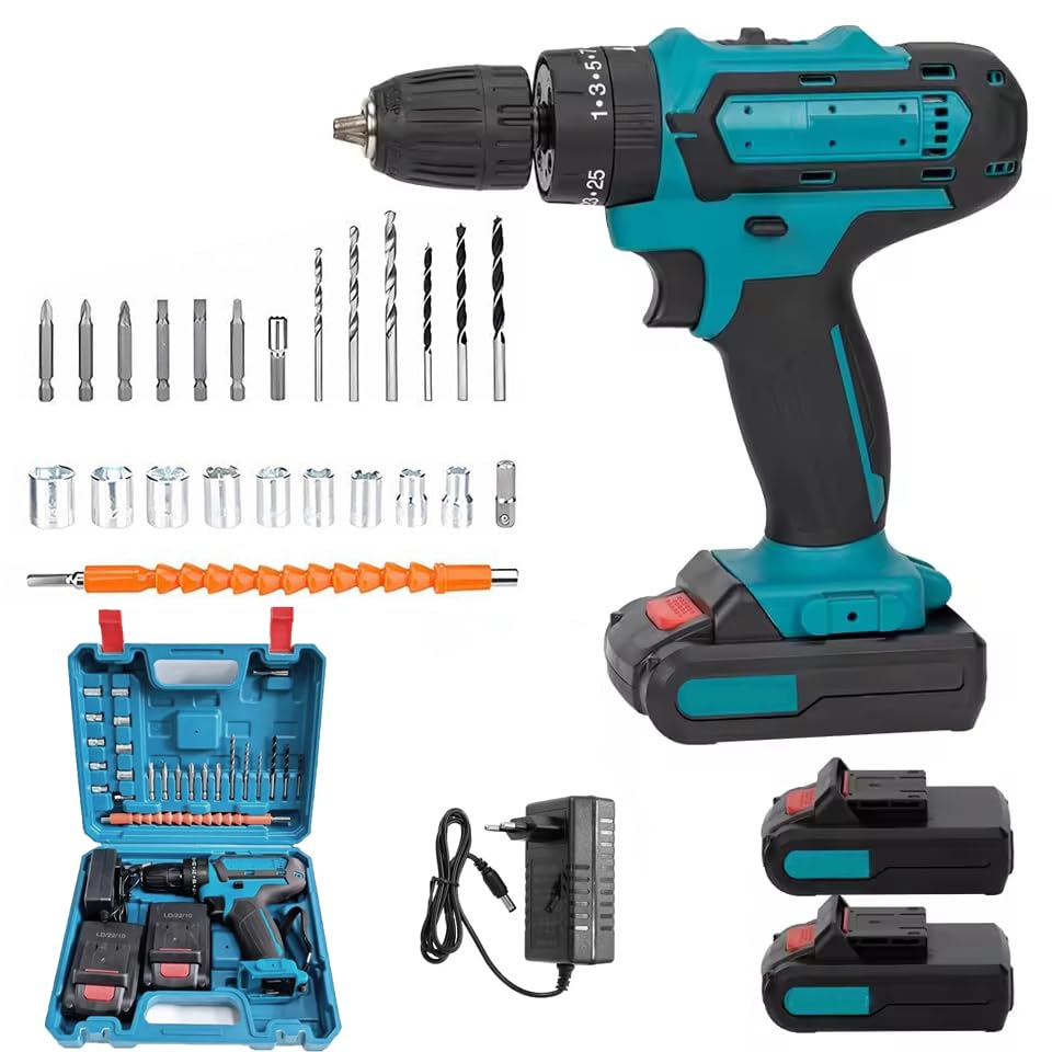 Kabelloser Bohrer-Treiber mit 2 21V 1200mAh Batterien, 40N.m Elektrobohrer Set 32 in 1, 25+3 Drehmom