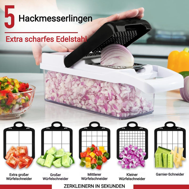 25-in-1 Multifunktionaler Gemüseschneider, 13 Lebensmittelqualitäts-Edelstahlklingen, Schneider-Würf
