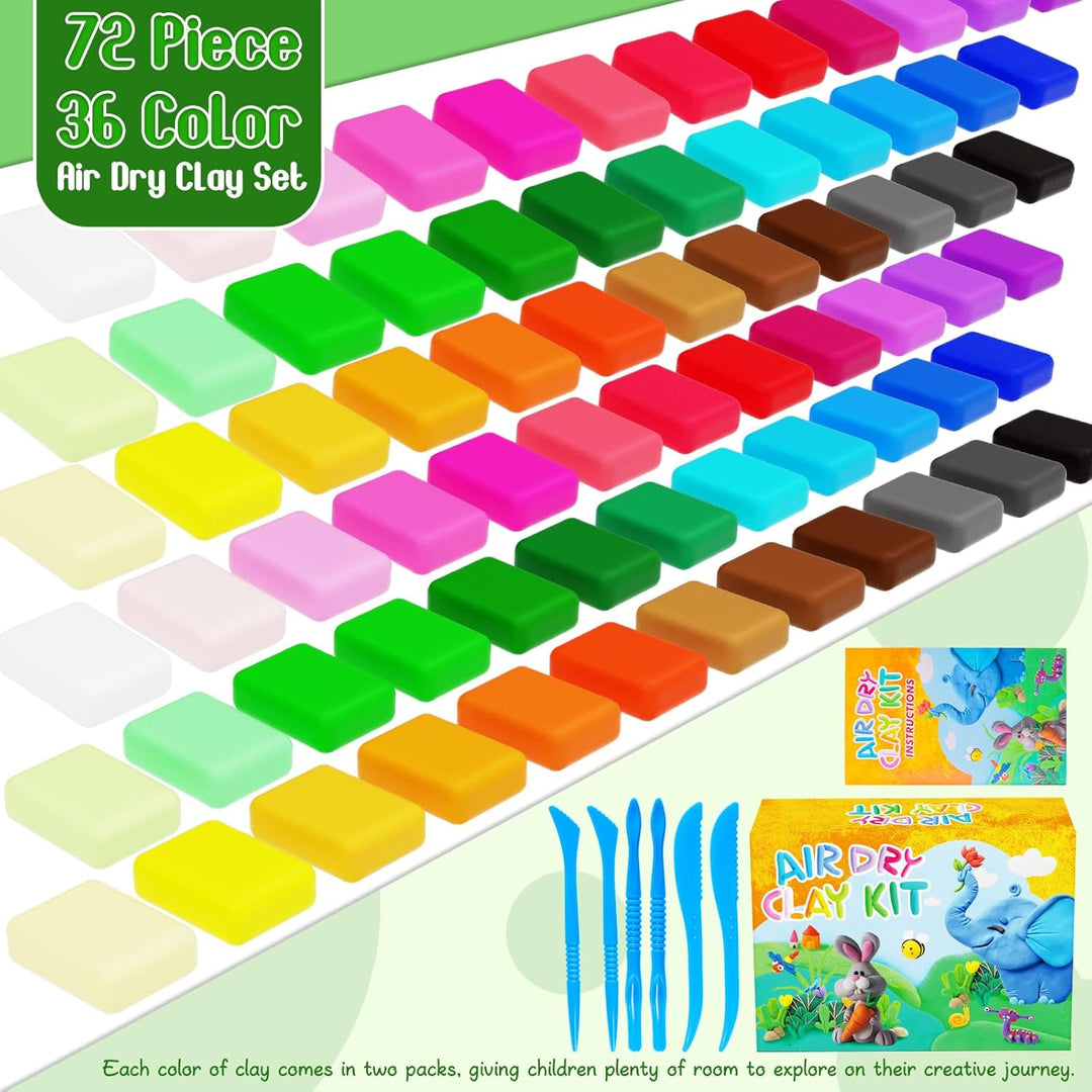 Modelliermasse Lufttrocknend 72 Stück Farben Lufttrockener Magischer Knete für Kinder,mit 6PCS Werkz