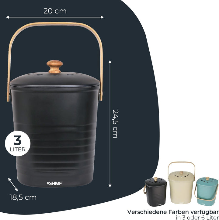 HMF Nachhaltiger Biomülleimer Küche, Geruchsdichter Komposteimer mit Deckel | 3 Liter | Schwarz, 3 L