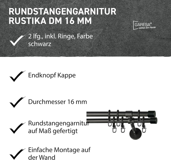 Garesa Gardinenstange Rustika Ø 16mm, 2-läufig, Schwarz I Rustikale Vorhangstange aus Metall inkl. R