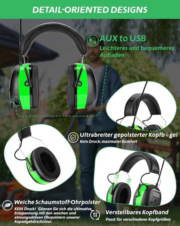 PROHEAR 033 Gehörschutz mit Radio, SNR31dB - Ohrenschützer mit Bluetooth FM/AM, Eingebautem Mikrofon