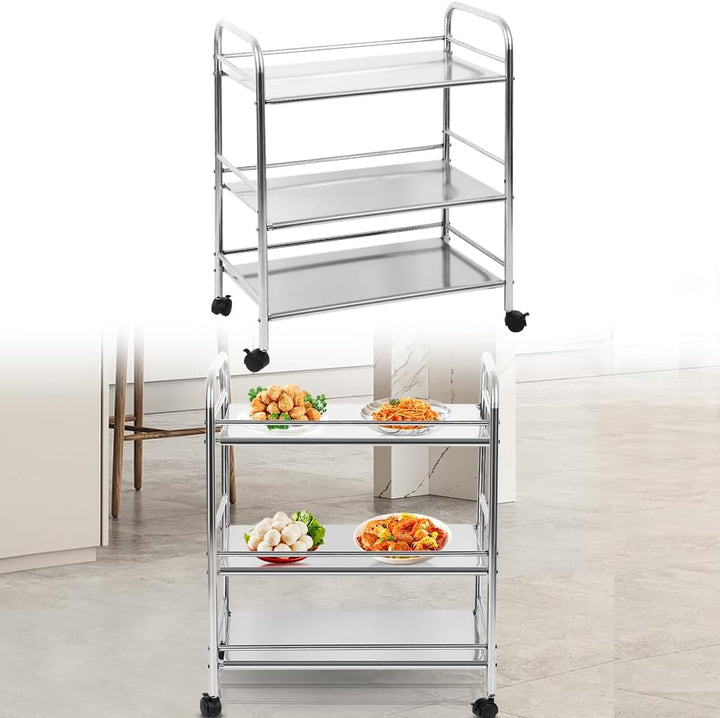 Kedia 3 Regale mit Rollen Edelstahl Küchenwagen mit Rollen Multifunktions Servierwagen (61 x 36 x 75