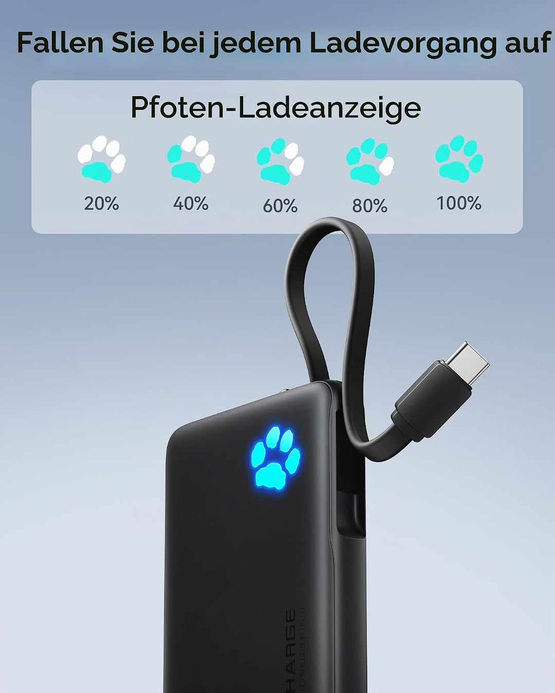 INIU Power Bank, Minigrösse 20W 10000mAh PowerBank mit Integriertem USB-C Kabel, PD3.0 QC4.0 USB C I