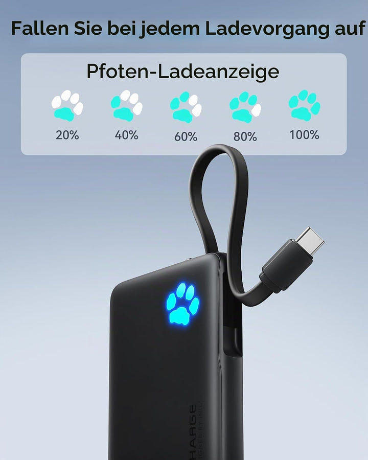 INIU Power Bank, Minigrösse 20W 10000mAh PowerBank mit Integriertem USB-C Kabel, PD3.0 QC4.0 USB C I