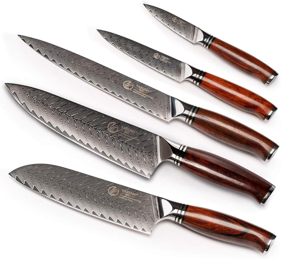 YARENH 5er Damastmesser Set, Scharfes Profi Damast Kochmesser Messerset, 73 Schichten Damaskus Stahl