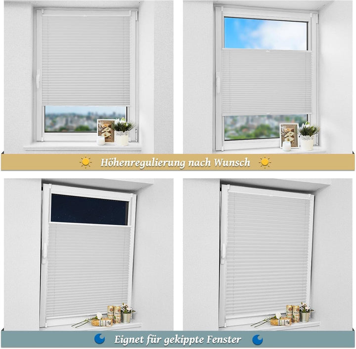 Buseu Plissee Klemmfix 35x80cm(BXH) Hellgrau Easyfix Faltrollo ohne Bohren Lichtdurchlässig Rollos f