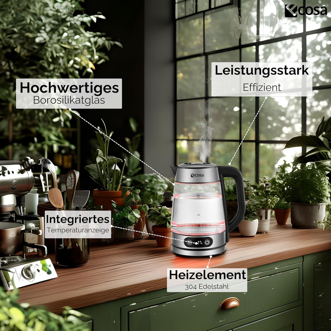 Ecosa® Glas Wasserkocher mit Temperatureinstellung 1,8 Liter 2.200 Watt Edelstahl mit Temperaturwahl