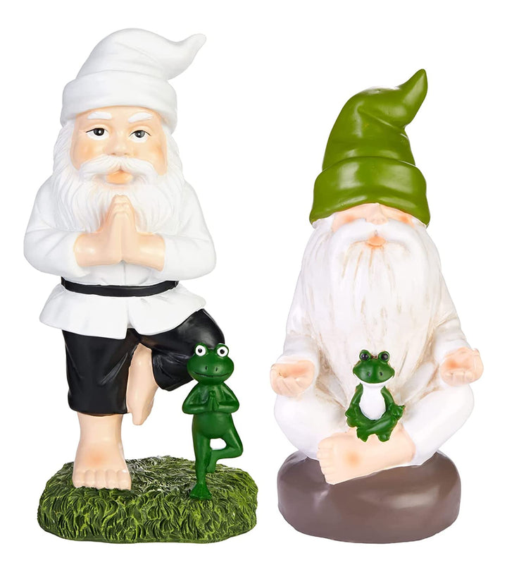 BRUBAKER Gartenzwerge Set Yoga Baum und Schneidersitz - Zwerge mit Frosch - Zen Gartenfigur Sport Fi