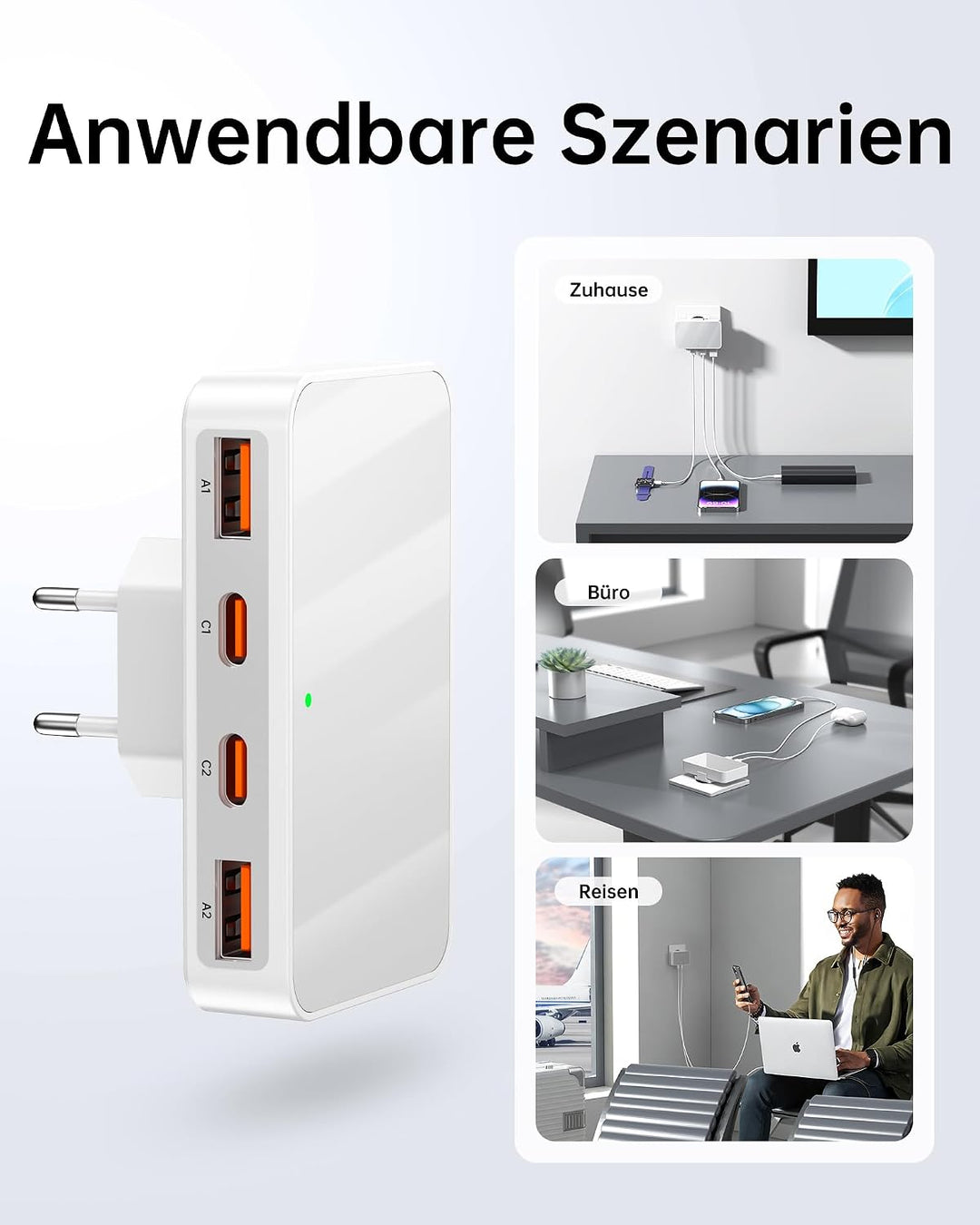 65W USB C Ladegerät Flach,USB Mehrfachstecker Ladestation mit 4 Ports,Reise Schnellladegerät USB C f