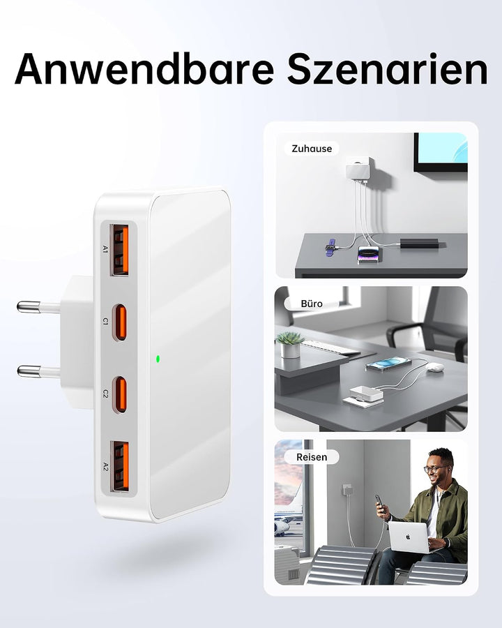 65W USB C Ladegerät Flach,USB Mehrfachstecker Ladestation mit 4 Ports,Reise Schnellladegerät USB C f