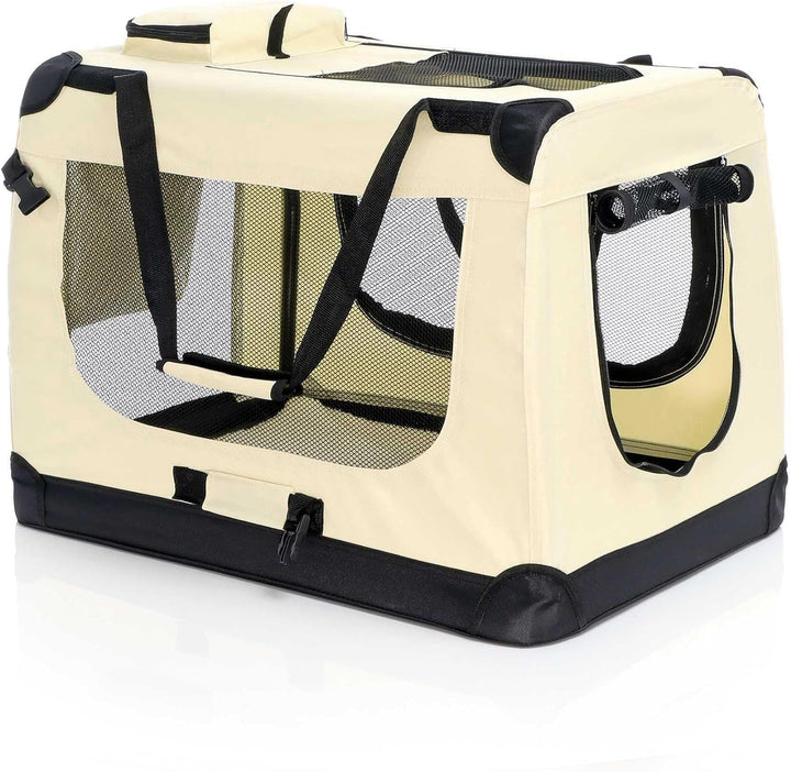 Fudajo Faltbare Transportbox in Beige für Haustiere, Grösse XL (80x58x56cm), Tragegriff, Liegedecke