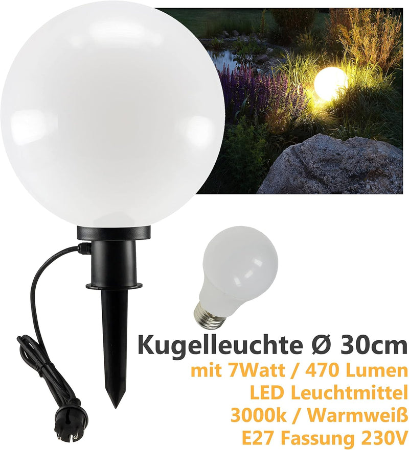 ChiliTec Garten Kugelleuchte 30cm mit Erdspiess IP44 1,5m Kabel I 1x 7W 470lm LED E27 Lampe wetterfe