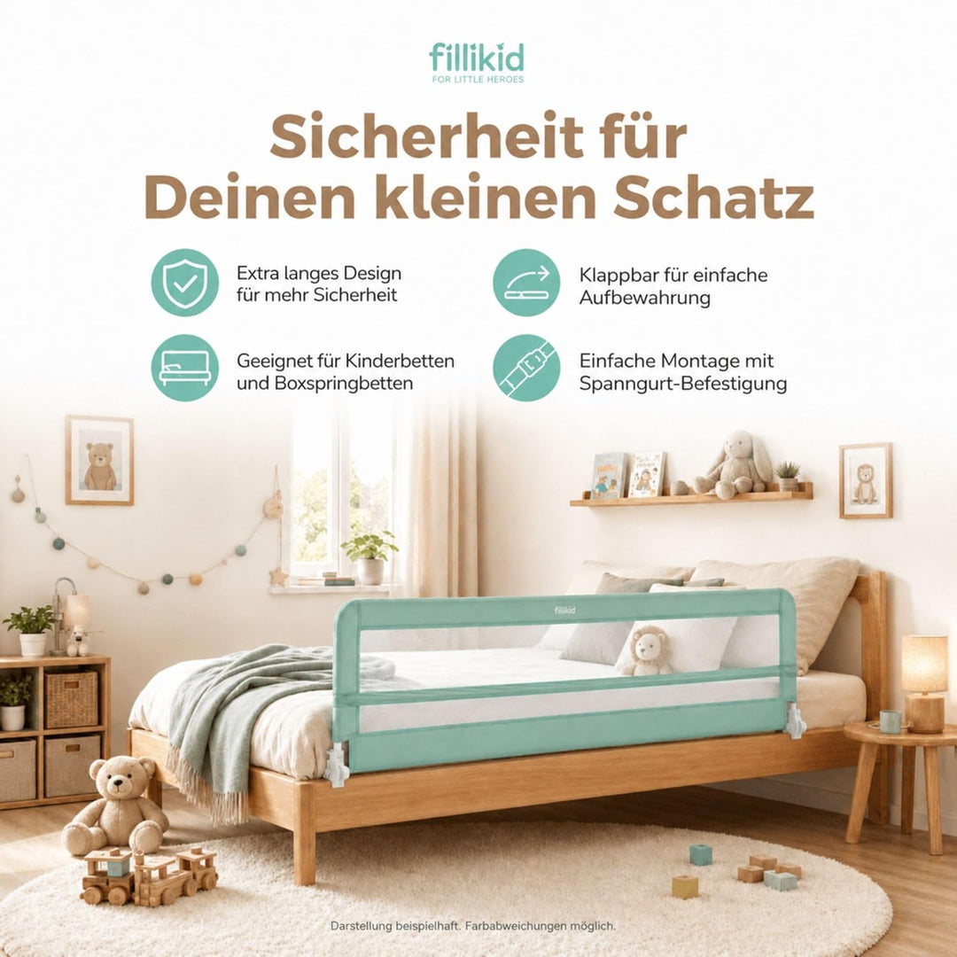Fillikid Bettgitter Lina XL 180 x 50 cm Exklusiv | Rausfallschutz für Kinderbett & Boxspringbett | K