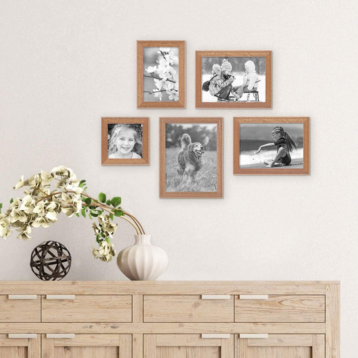 PHOTOLINI Bilderrahmen-Set Holz Eiche-Optik Landhaus-Stil, 5er Set Holz-Rahmen, Made in Germany, Ech