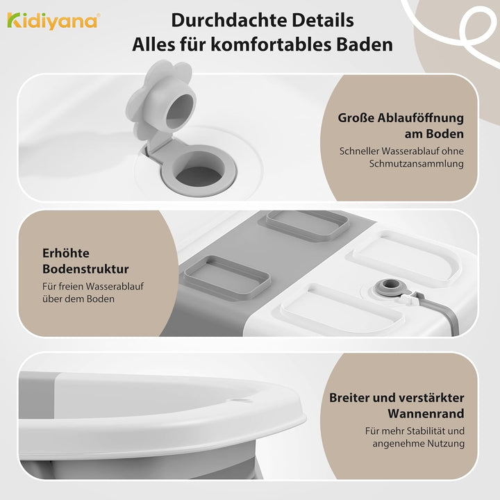 Baby Badewanne faltbar mit Gestell, stabil und rutschfest, platzsparend klappbar, mit Ablauf, PP & T