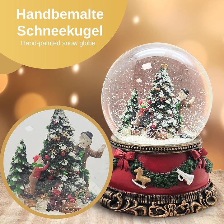 Schneekugel Christbaum schmücken | Sockel Weihnachten rot Tannengirlande | mit Spieluhr | Schüttelku