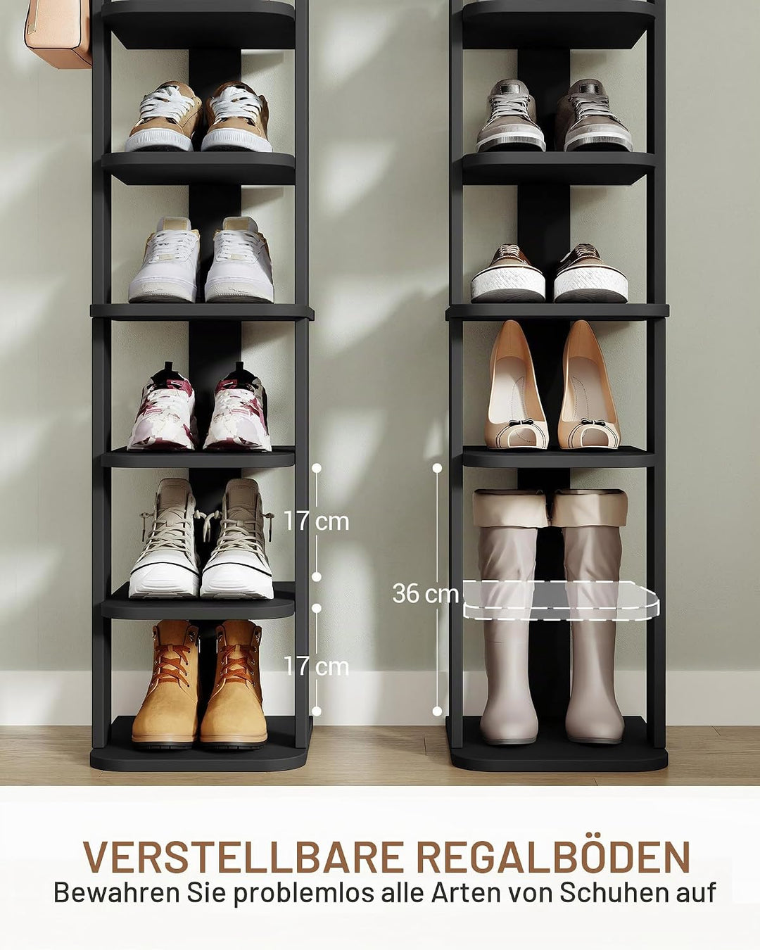 Hzuaneri Schuhregal, Schuhablage mit 10 Ebenen, Holz-Schuh-Organizer mit Haken, Verstellbar, Platzsp