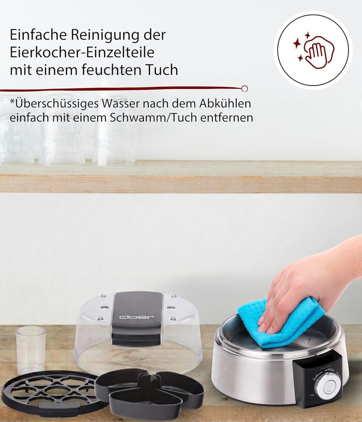 Cloer 6070 Elektronischer Eierkocher für bis zu 7 Eier, Weiterkochfunktion, akustische Fertigmeldung