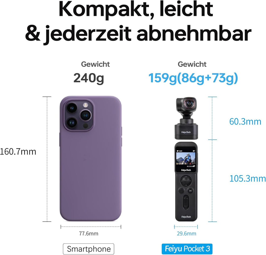 Feiyu Pocket 3 4K Vlog-Kamera mit 3-Achsen-Gimbal & kabelloser Fernbedienung – Inkl. Gesichtserkennu