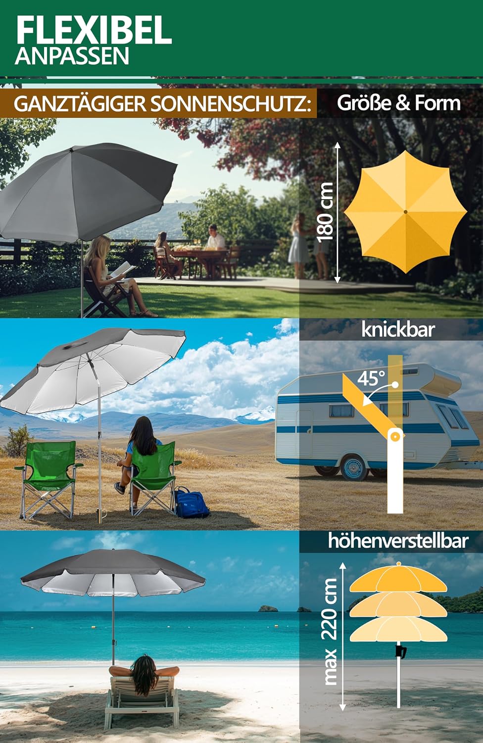 4smile Sonnenschirm Strand SunnyJoy Modern im 3er-Set, Anthrazit - Strandschirm windfest stabil 180