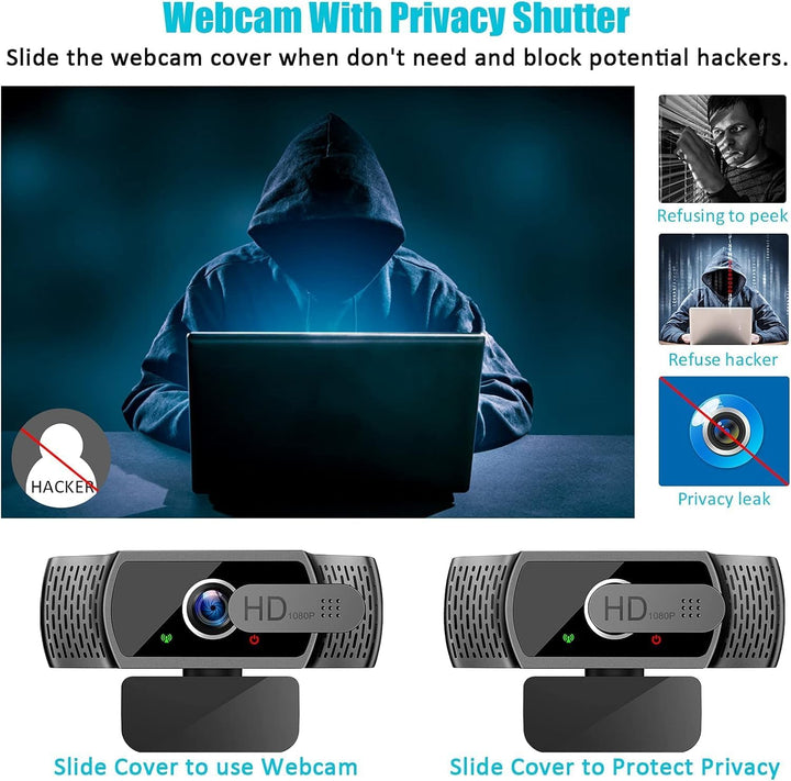 HD Webcam 1080P USB mit Mikrofon, Autofokus, Sichtschutzabdeckung, 90° Weitwinkel, Plug & Play, für
