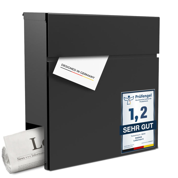 Radius Designer Briefkasten Anthrazit – Letterman 6 – Edelstahl V2A Wandbriefkasten mit Zeitungsfach