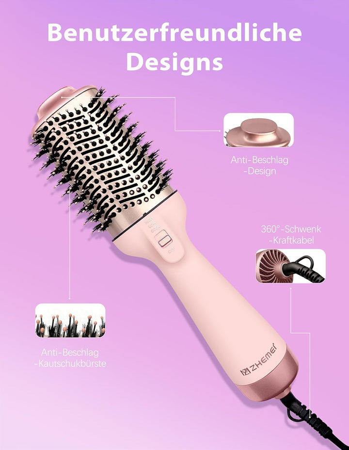 1300W Profi-Warmluftbürste, 4-in-1 Föhnbürste mit Antifrizz-Effekt, Keramik-Titan-Zylinder – Salon-R