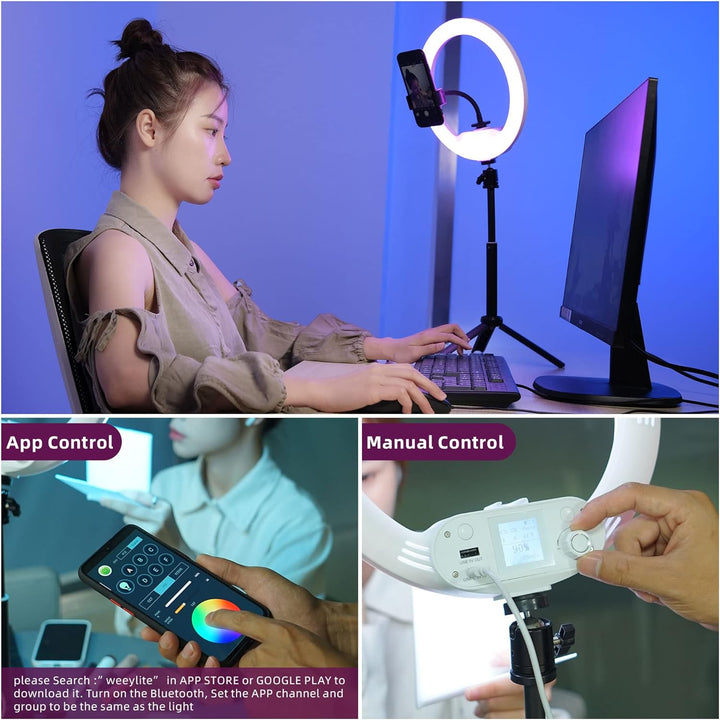weeylite 10,5 Zoll RGB LED Ringlicht mit Stativ & Handyhalter für Laptop Computer,APP-Steuerung/Akku