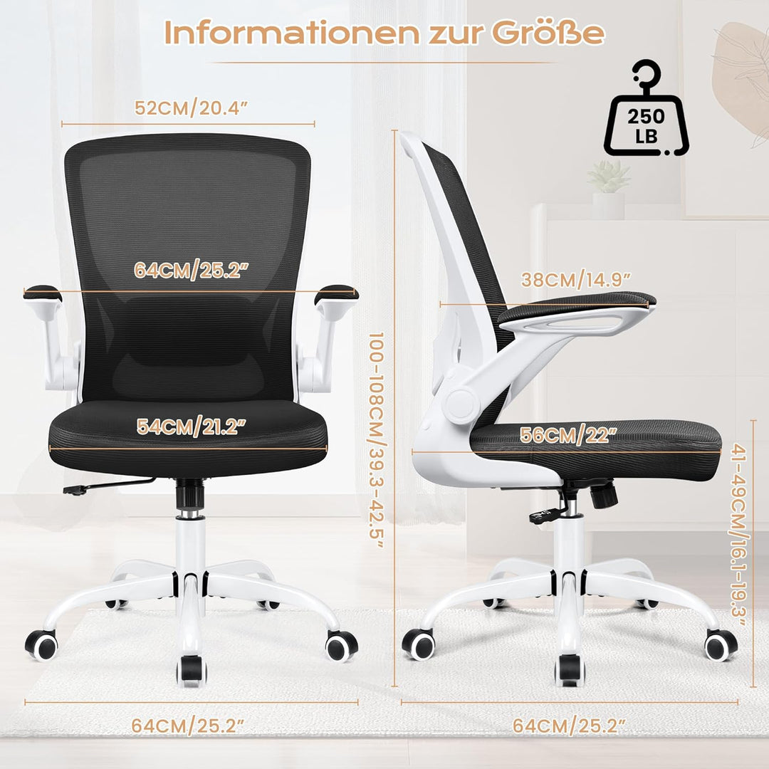 KERDOM Bürostuhl, Ergonomischer Schreibtischstuhl mit Klappbaren Armlehnen, 360° Drehstuhl Mesh Comp