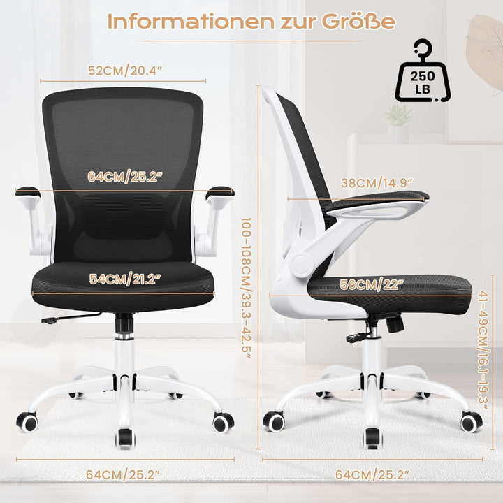 KERDOM Bürostuhl, Ergonomischer Schreibtischstuhl mit Klappbaren Armlehnen, 360° Drehstuhl Mesh Comp
