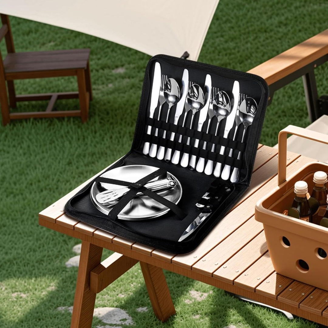 Camping Besteckset 2 Personen, 11 Stück Edelstahl Geschirr Set mit Gabeln, Messer, Löffel, Teller, C