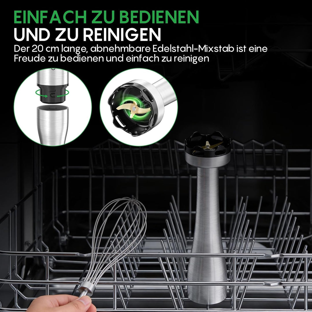 FRESKO Stabmixer 1000W mit Zubehör Set, Pürierstab Edelstahl inkl. Schneebesen, 500ml Zerkleinerer,