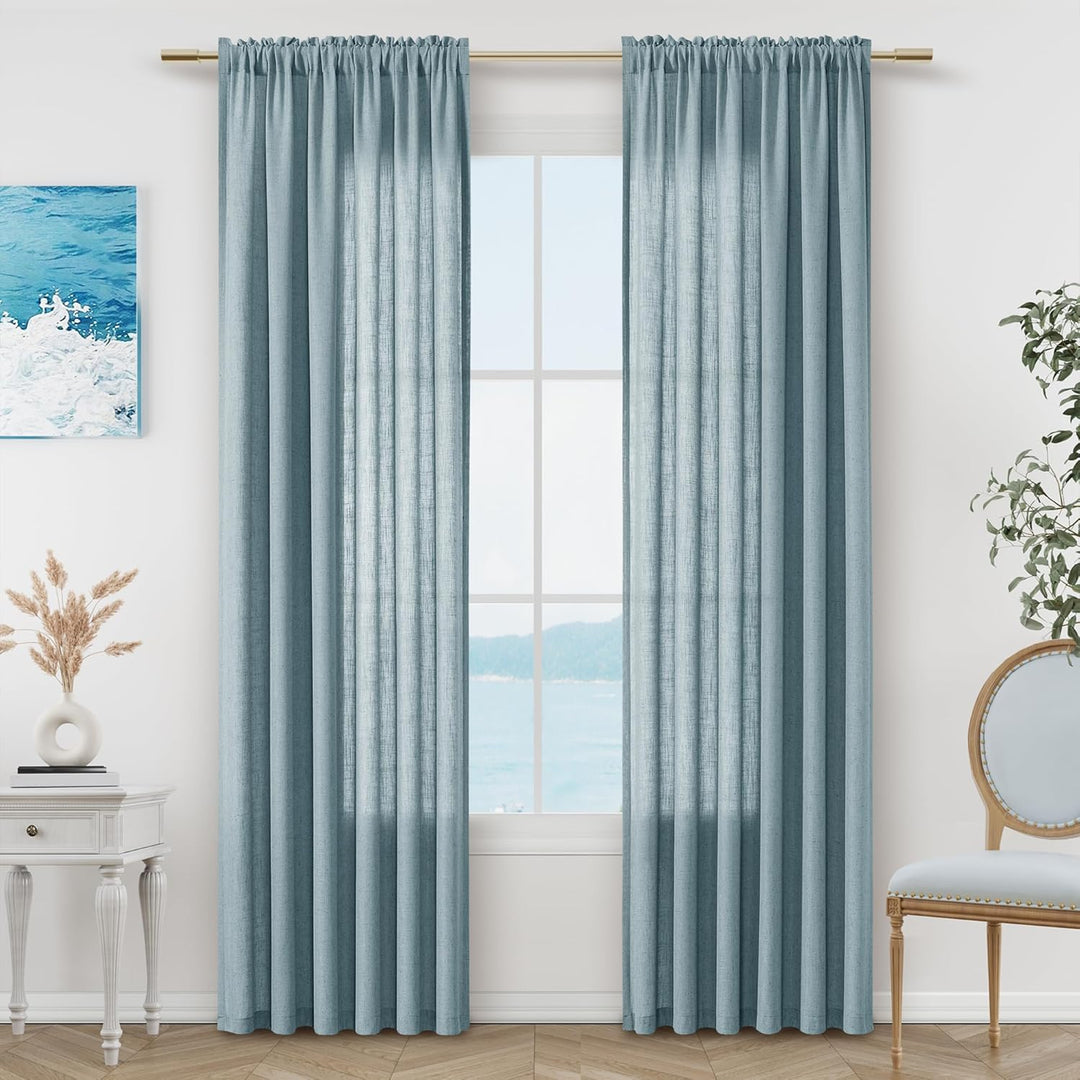 Guken Blaue Leinen-Vorhänge, 213 cm Länge, für Wohnzimmer, Schlafzimmer, 2 Paneele, Set mit Stangent