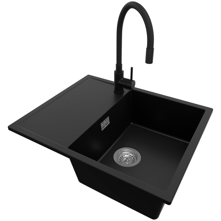 PRIMAGRAN Granitspüle Schwarz 62x50cm, Spülbecken 1 Becken + Küchenarmatur 40x38cm + Ablauf-Set, Küc