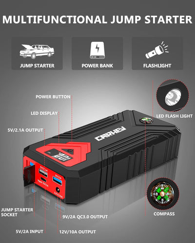 CARHEV 3000A Starthilfe Powerbank, 27000mAh Auto starthilfe für bis zu 8L Benzin & 8L Dieselmotor, 1