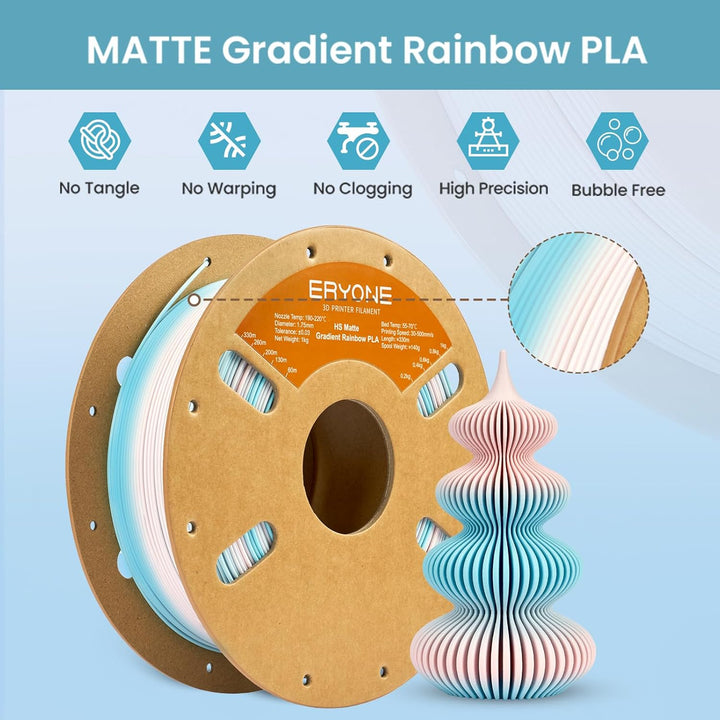 ERYONE Matte PLA 3D Drucker Filament 1.75mm, Matte Gradient Rainbow PLA, Massgenauigkeit +/- 0.03 mm