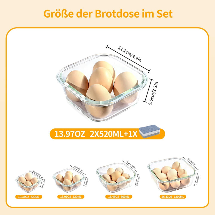 Meal Prep Boxen Glas 2er, Luftdichter Glasbehälter mit Deckel, 520ml Frischhaltedosen Glas mit Decke