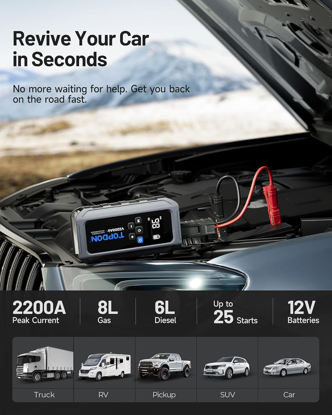 TOPDON V2200Air Starthilfe Powerbank für PKW mit 150PSI Luftkompressor, 8L Benzin&6L Dieselmotoren,