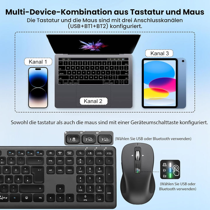 CITLLA M9300 Kabelloses Tastatur Maus Combo, 2-in-1 USB Empfänger und Zwei Bluetooth, 18-Monate Batt
