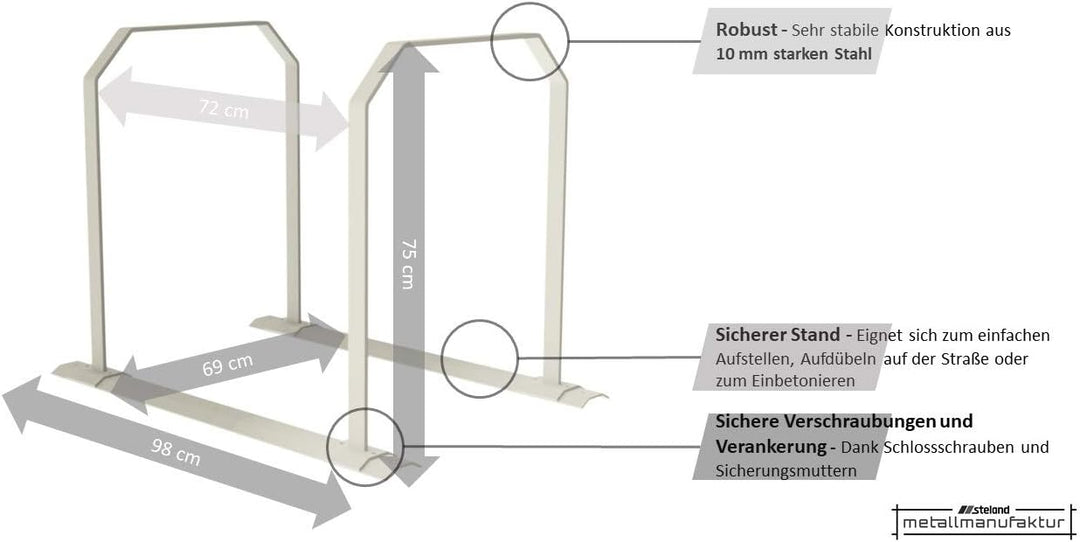 steland metallmanufaktur® Fahrradständer | Anlehnsystem für 4 Fahrräder | sicherer Stand zum Aufdübe