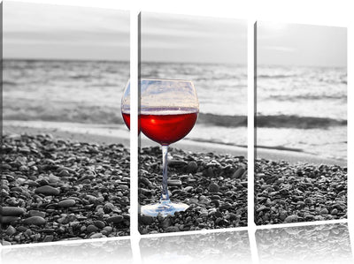 Pixxprint Weinglas am Strand als Leinwandbild | Grösse: 3 Teilig (120x80) | Wandbild| Kunstdruck | f