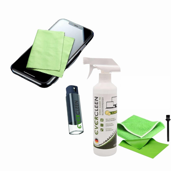 EVERCLEEN Made in Germany Screen Cleaner Pro Bildschirmreiniger 500ml + Mikrofasertuch + 2GO Sprüher