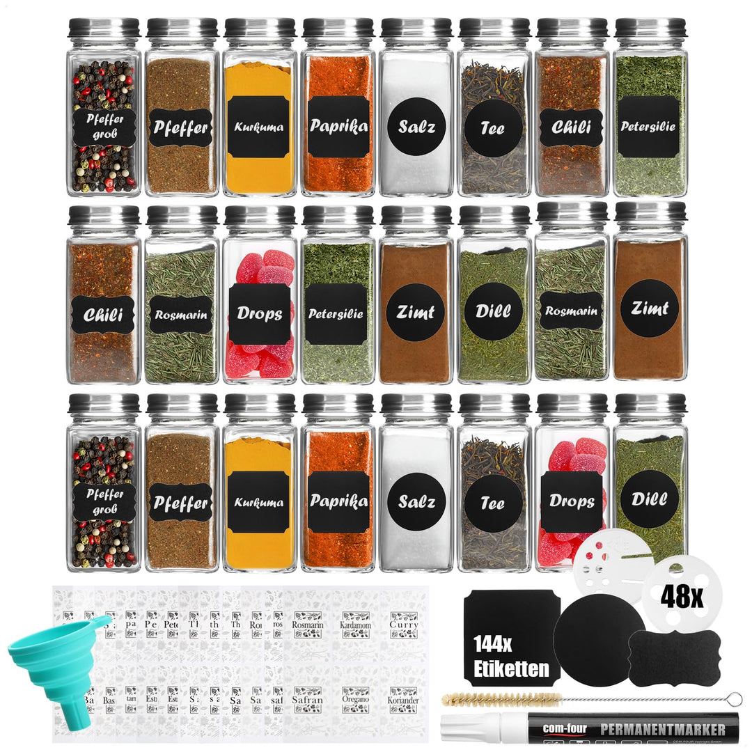 com-four® Gewürzgläser Set [ Eckig - 24x | 120ml ] mit Gewürzetiketten, je 2 Streueinsätze, Stift zu